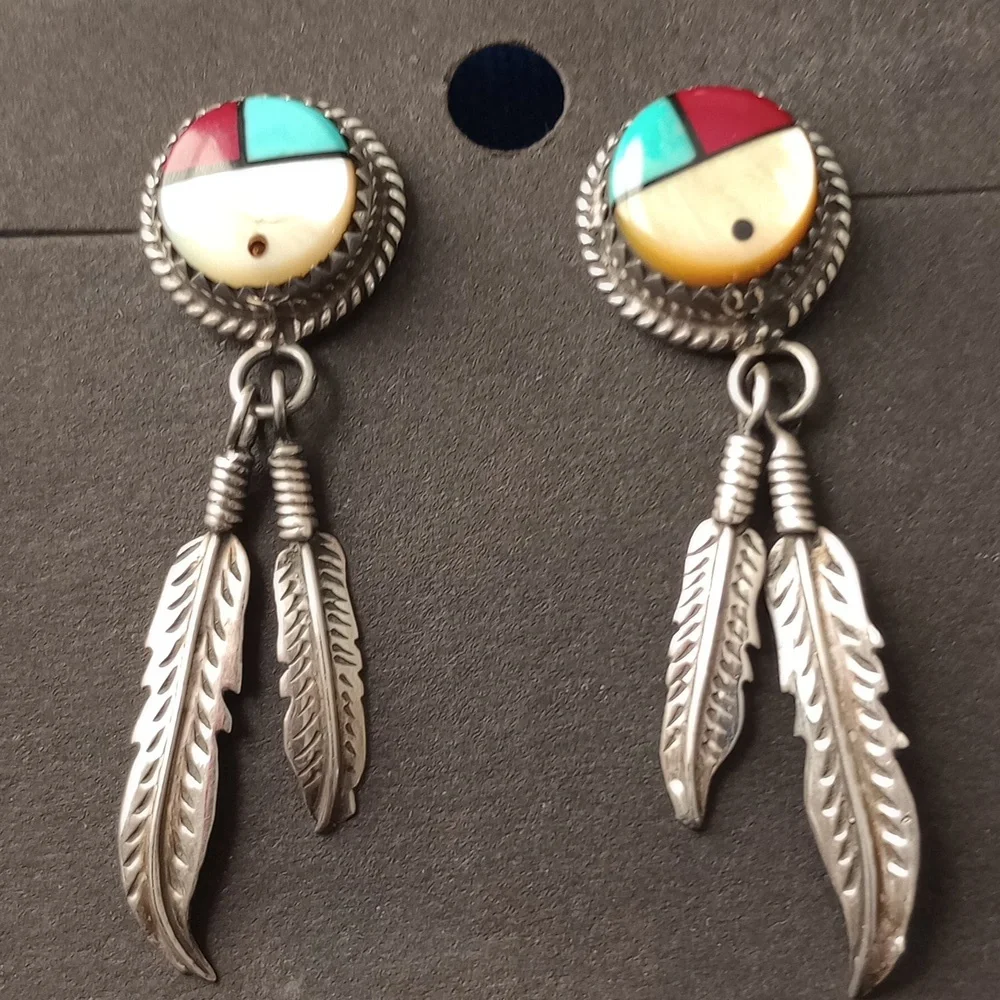 Sterling Silver Feather Earrings with SunFace Multicolor Inlay Studs Signed PH - Picture 13 of 15